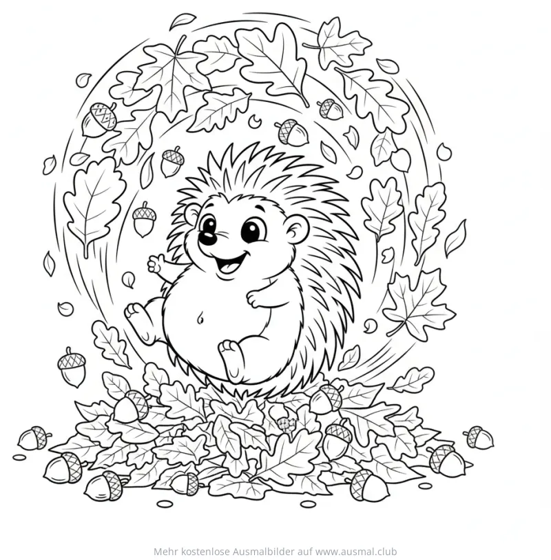 Igel Ausmalbild mit Herbstlaub und Eicheln