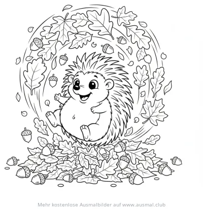 Igel Ausmalbild mit Herbstlaub und Eicheln