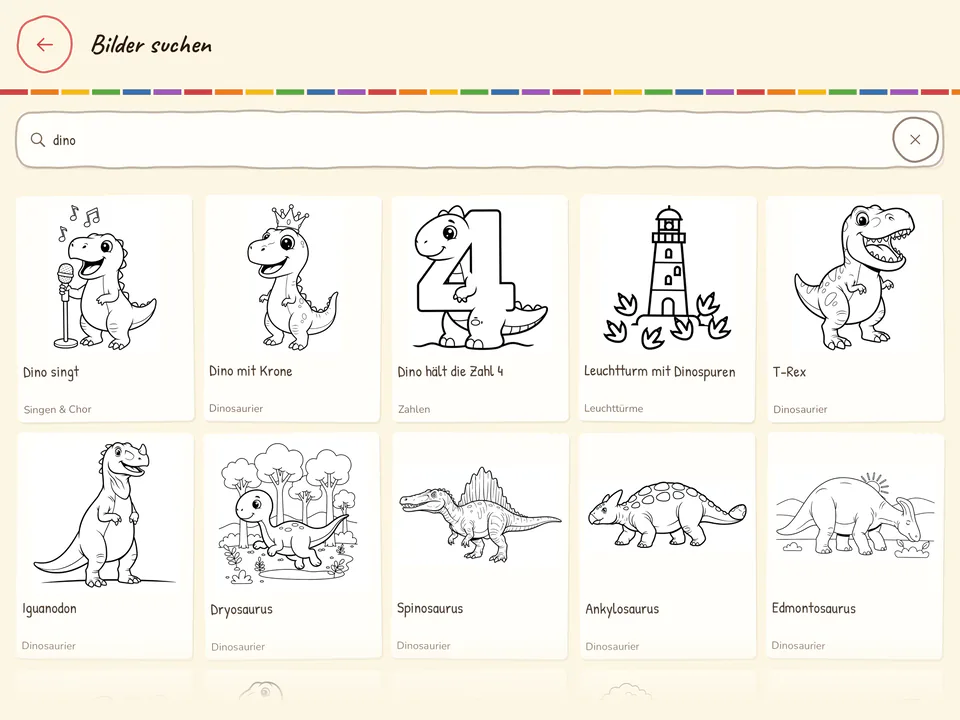 Suche in der App: im Feld steht das Wort dino, darunter zehn Treffer mit Titel und Thema, die meisten davon Dinosaurier