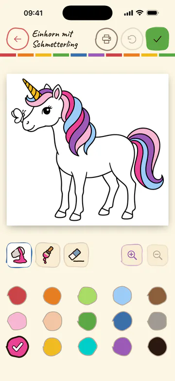 Derselbe Malbildschirm auf dem iPhone: das Einhorn mit Schmetterling, darunter Werkzeuge und Farbpalette