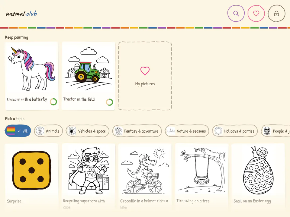 App home screen with unfinished pictures, topic tabs such as animals or vehicles and a grid of coloring pages