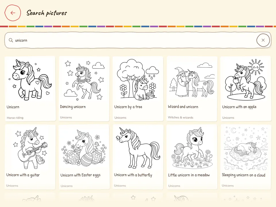 Search in the app: the word unicorn in the field, below it ten results with title and topic, almost all unicorns