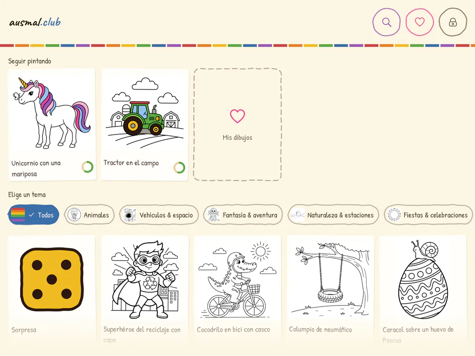 Pantalla de inicio de la app con dibujos a medias, pestañas de temas y una cuadrícula de láminas para colorear