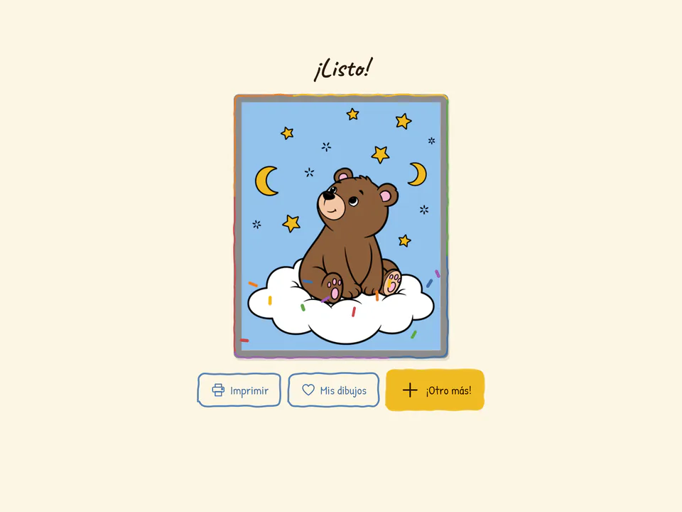 Tableta con un oso coloreado sobre una nube y, debajo, los botones Imprimir, Mis dibujos y Otro más