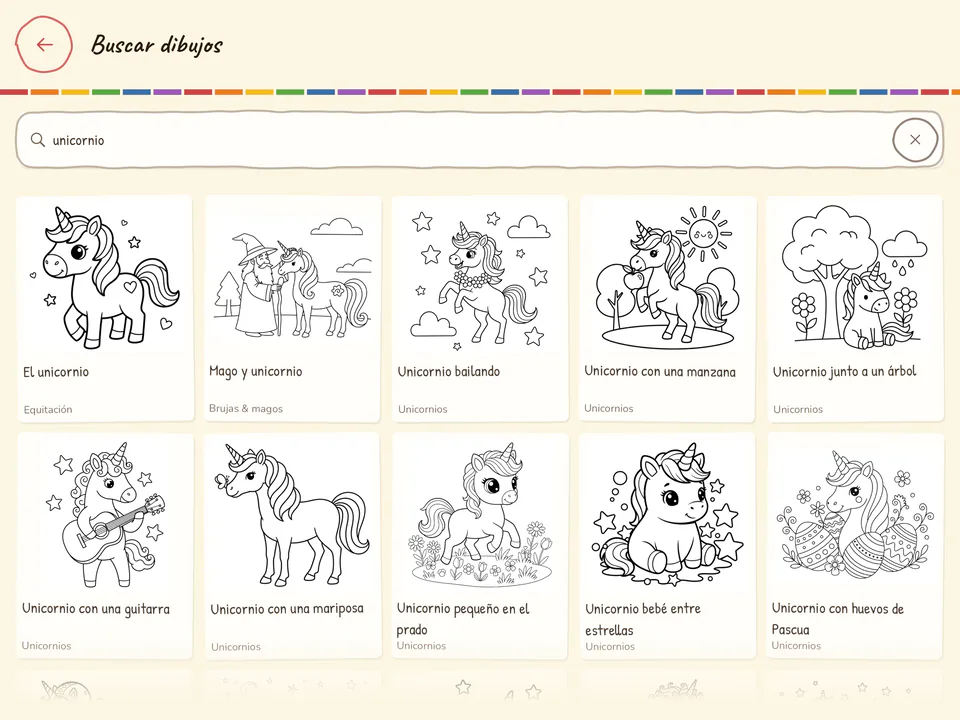 Búsqueda en la app: la palabra unicornio en el campo y, debajo, diez resultados con título y tema, casi todos unicornios