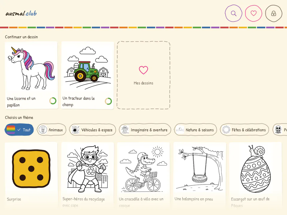 Écran d’accueil de l’appli avec des dessins en cours, des onglets de thèmes et une grille de coloriages