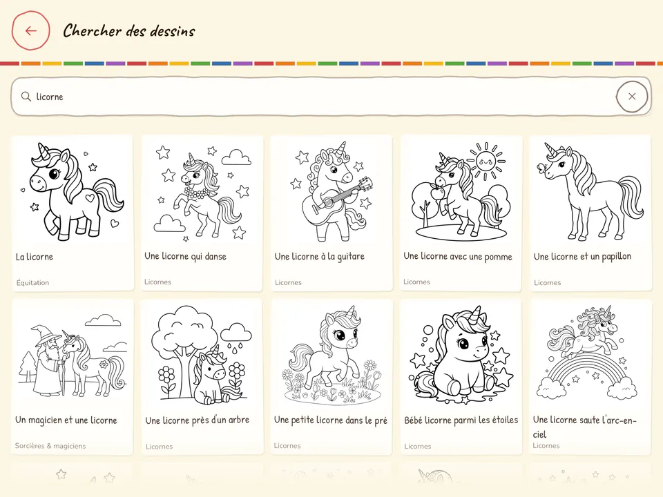 Recherche dans l’appli : le mot licorne dans le champ, dessous dix résultats avec titre et thème, presque tous des licornes