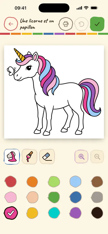 Le même écran de coloriage sur iPhone : la licorne et son papillon, avec les outils et la palette en dessous
