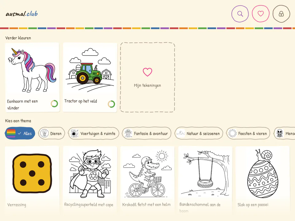 Startscherm van de app met begonnen tekeningen, themaknoppen zoals dieren of voertuigen en een raster met kleurplaten