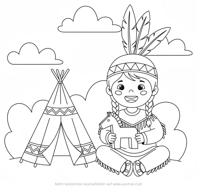 Indianer Mädchen mit Tipi und Holzpferd Ausmalbild