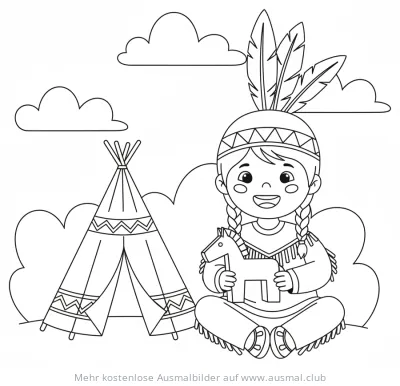 Indianer Mädchen mit Tipi und Holzpferd Ausmalbild