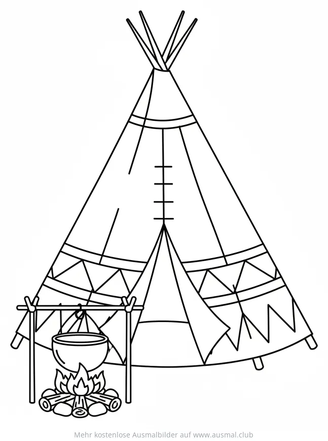 Tipi mit Lagerfeuer und Kochtopf Ausmalbild