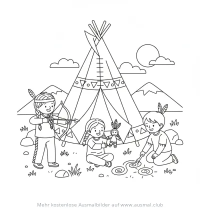Indianer Kinder spielen vor Tipi Ausmalbild