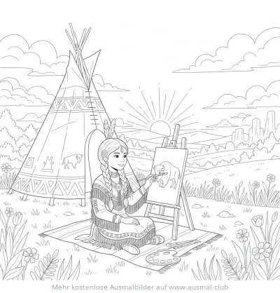 Indianerin malt Büffel vor Tipi Ausmalbild