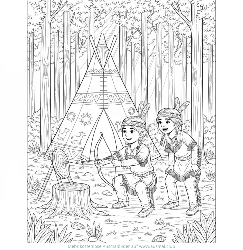 Indianerjungen beim Bogenschießen vor Tipi Ausmalbild
