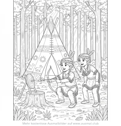 Indianerjungen beim Bogenschießen vor Tipi Ausmalbild
