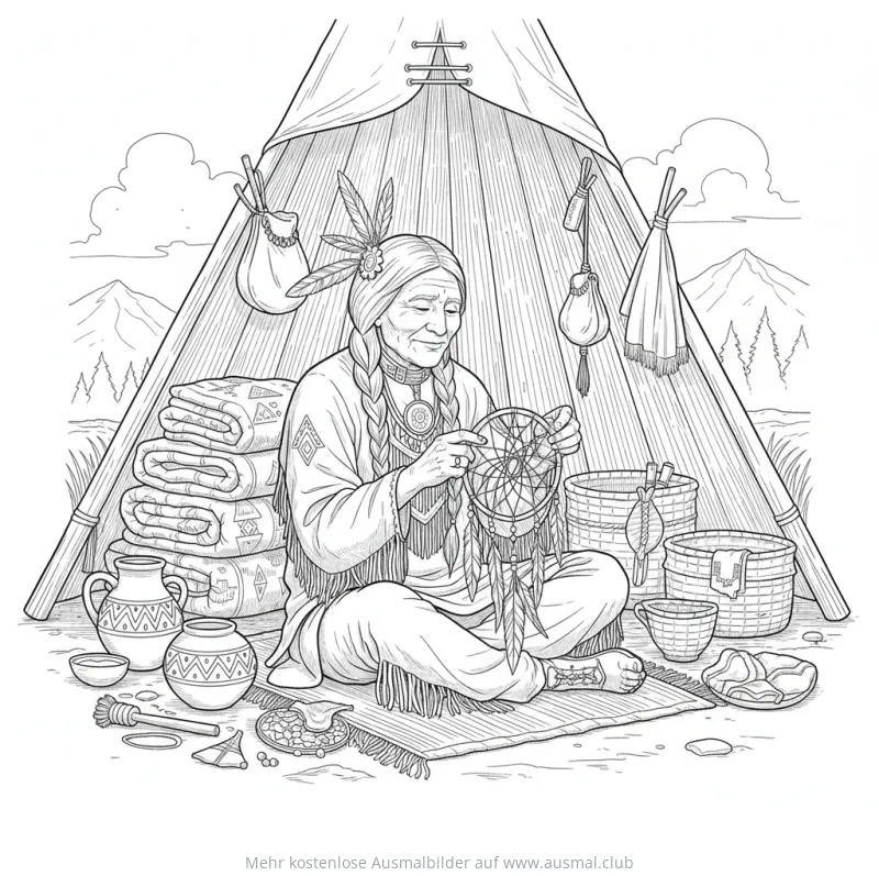 Ältere Indianerin mit Traumfänger vor Tipi Ausmalbild