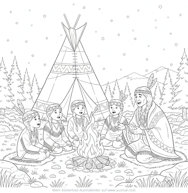 Indianer und Kinder am Lagerfeuer vor Tipi Ausmalbild