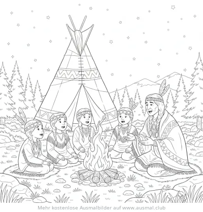 Indianer und Kinder am Lagerfeuer vor Tipi Ausmalbild