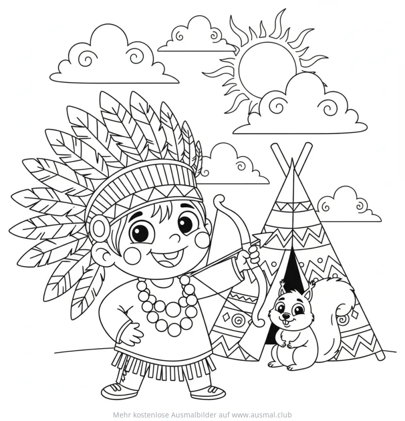 Indianerjunge mit Pfeil und Bogen vor Tipi Ausmalbild