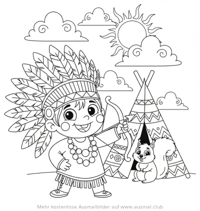 Indianerjunge mit Pfeil und Bogen vor Tipi Ausmalbild