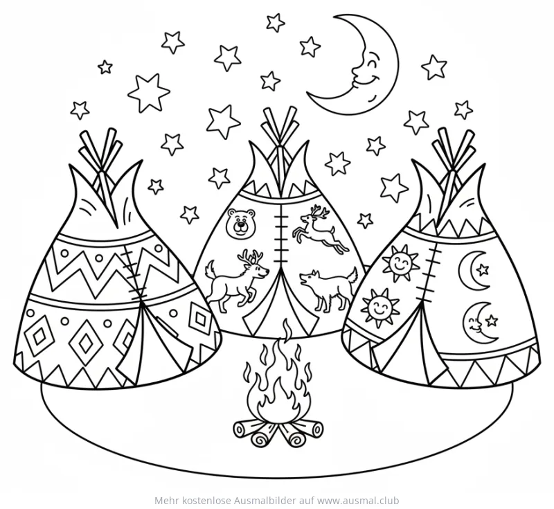 Indianer Tipis mit Lagerfeuer Ausmalbild