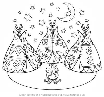 Indianer Tipis mit Lagerfeuer Ausmalbild