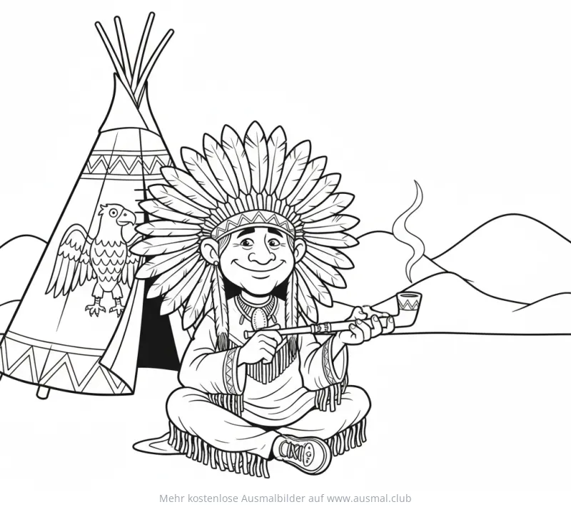 Häuptling mit Federkopfschmuck und Tipi Ausmalbild