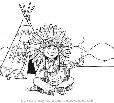 Häuptling mit Federkopfschmuck und Tipi Ausmalbild