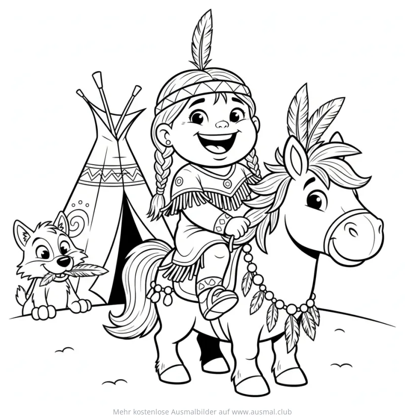 Indianermädchen auf Pony vor Tipi und Wolf Ausmalbild