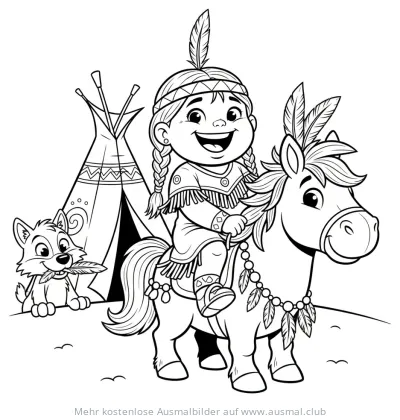 Indianermädchen auf Pony vor Tipi und Wolf Ausmalbild
