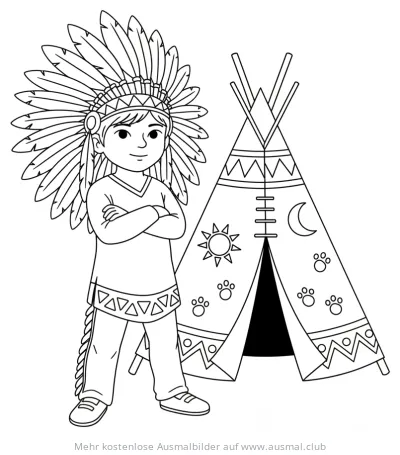 Indianerjunge mit Federschmuck vor Tipi Ausmalbild
