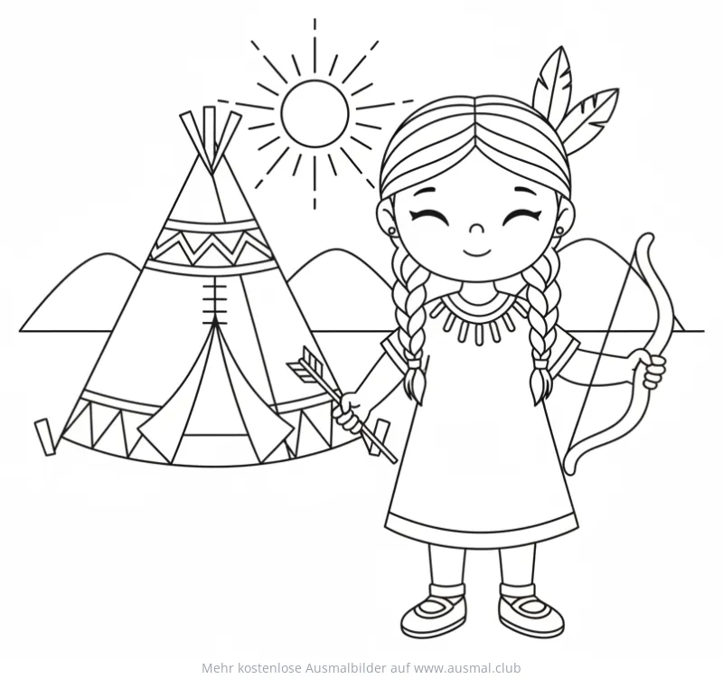 Indianermädchen mit Pfeil und Bogen vor Tipi Ausmalbild