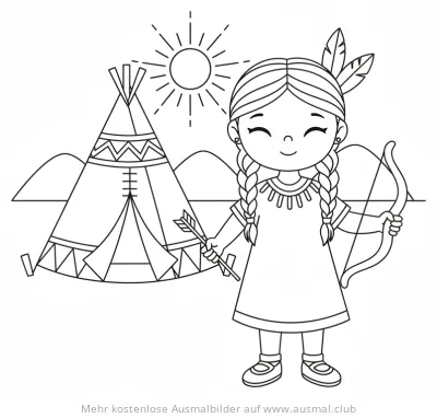 Indianermädchen mit Pfeil und Bogen vor Tipi Ausmalbild