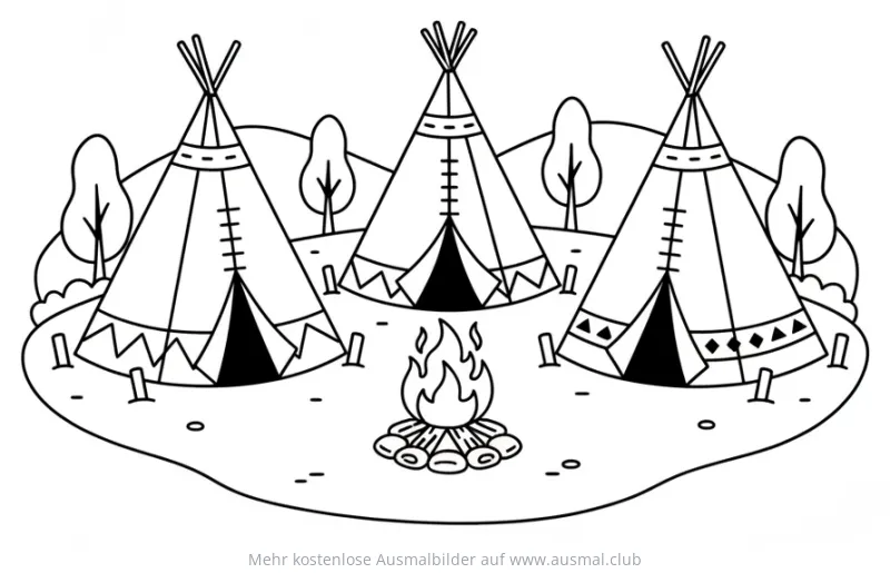 Tipi Dorf Ausmalbild mit Lagerfeuer