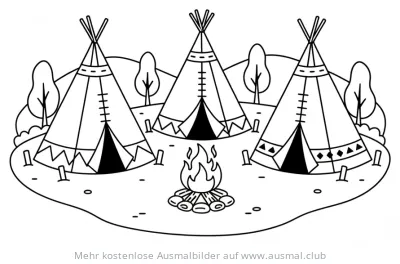 Tipi Dorf Ausmalbild mit Lagerfeuer