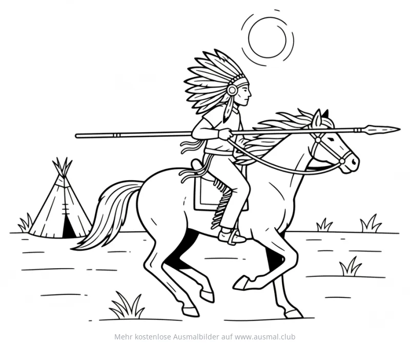 Indianer mit Federkopfschmuck reitet auf Pferd Ausmalbild