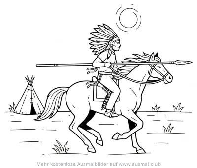 Indianer mit Federkopfschmuck reitet auf Pferd Ausmalbild