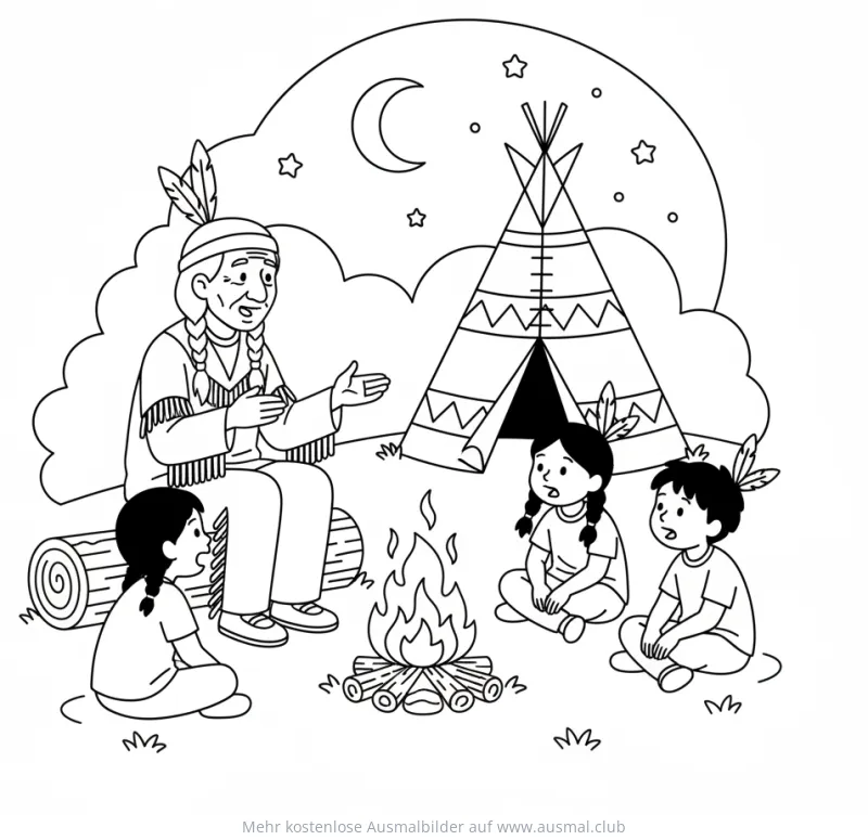 Indianer erzählt Kindern am Lagerfeuer vor Tipi eine Geschichte Ausmalbild