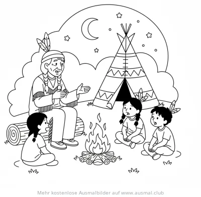 Indianer erzählt Kindern am Lagerfeuer vor Tipi eine Geschichte Ausmalbild