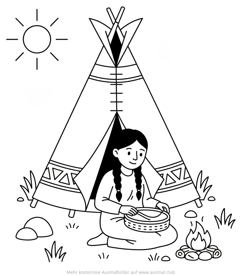 Indianerin kocht vor Tipi am Lagerfeuer Ausmalbild
