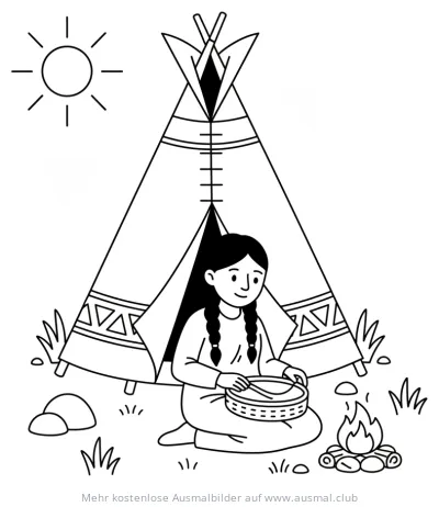 Indianerin kocht vor Tipi am Lagerfeuer Ausmalbild