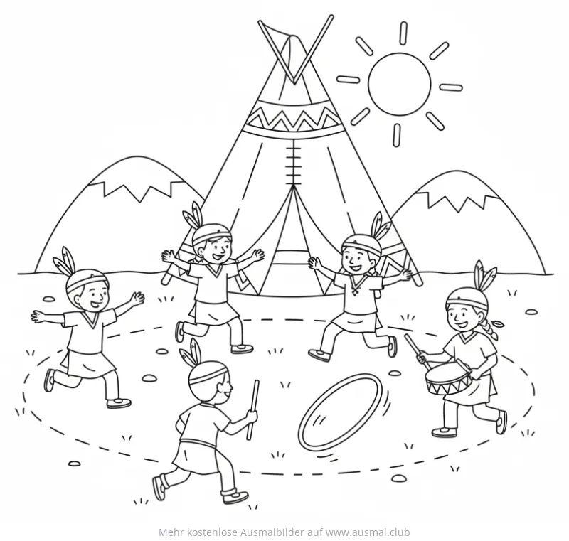 Indianerkinder spielen vor Tipi Ausmalbild