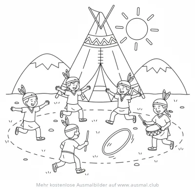 Indianerkinder spielen vor Tipi Ausmalbild