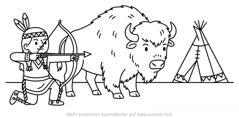 Indianer zielt mit Pfeil und Bogen auf Büffel Ausmalbild