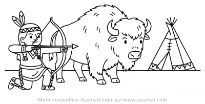 Indianer zielt mit Pfeil und Bogen auf Büffel Ausmalbild