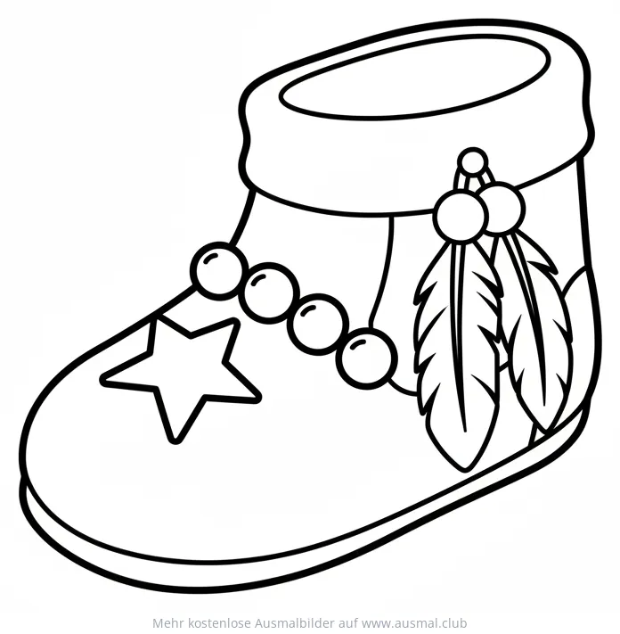 Mokassin Ausmalbild mit Federn und Stern