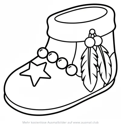 Mokassin Ausmalbild mit Federn und Stern