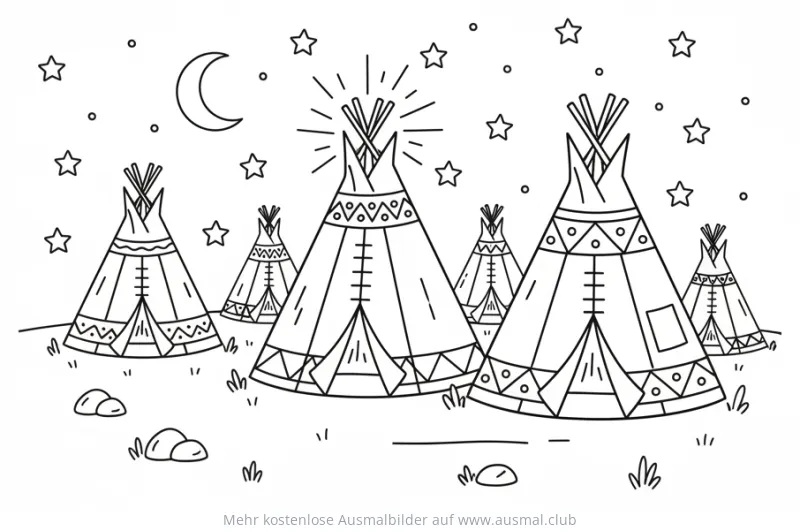 Mehrere Tipis in der Nacht Ausmalbild