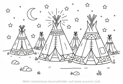 Mehrere Tipis in der Nacht Ausmalbild